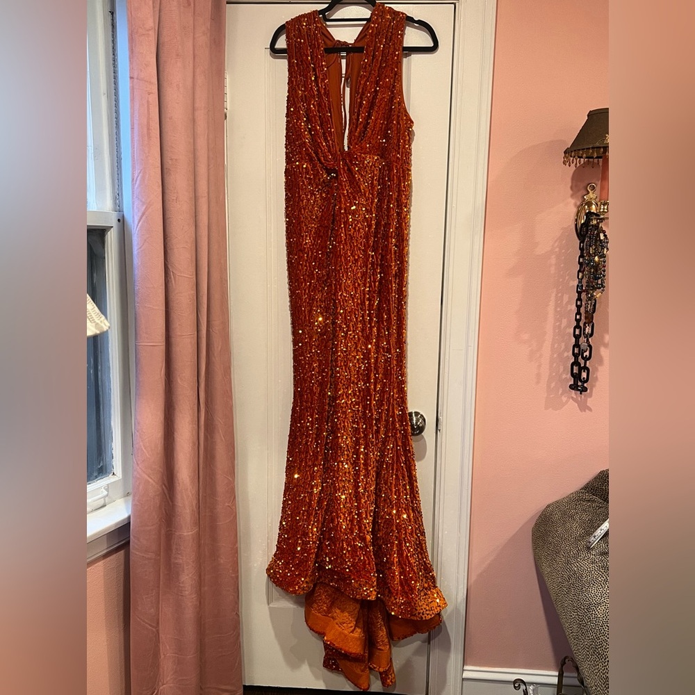 Orange Velvet Sequin Deep V Gown